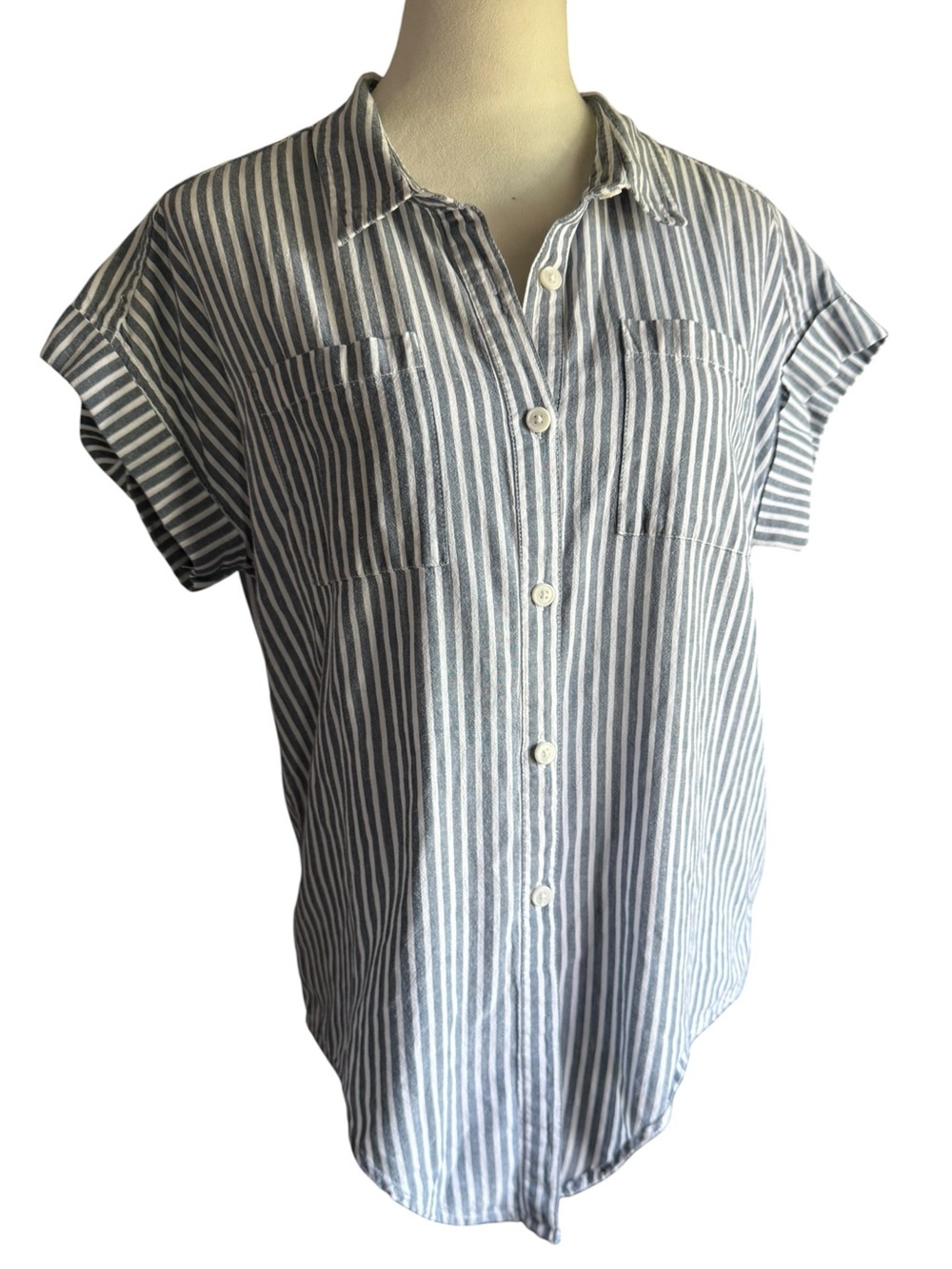 Jag Bluish/Gray and White Striped Short Sleeve Button-Down Shirt Tie Front